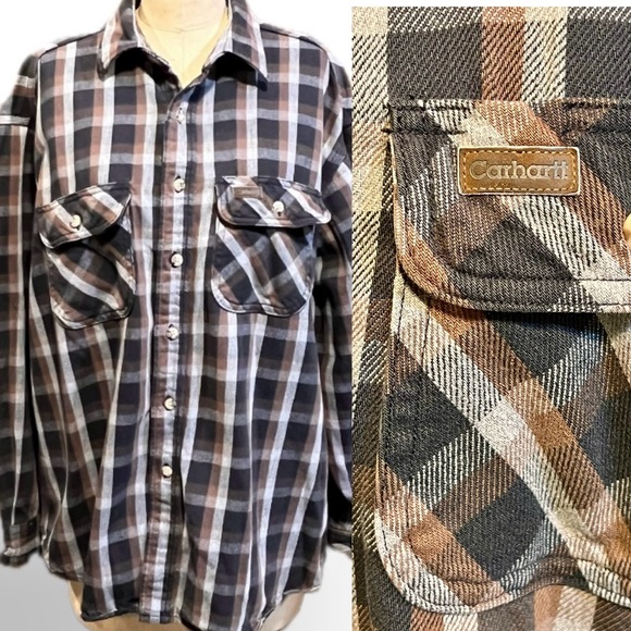 VINTAGE Carhartt 100% cotton plaid flannel button‎ down shirt rugged heavyweight - Picture 1 of 13